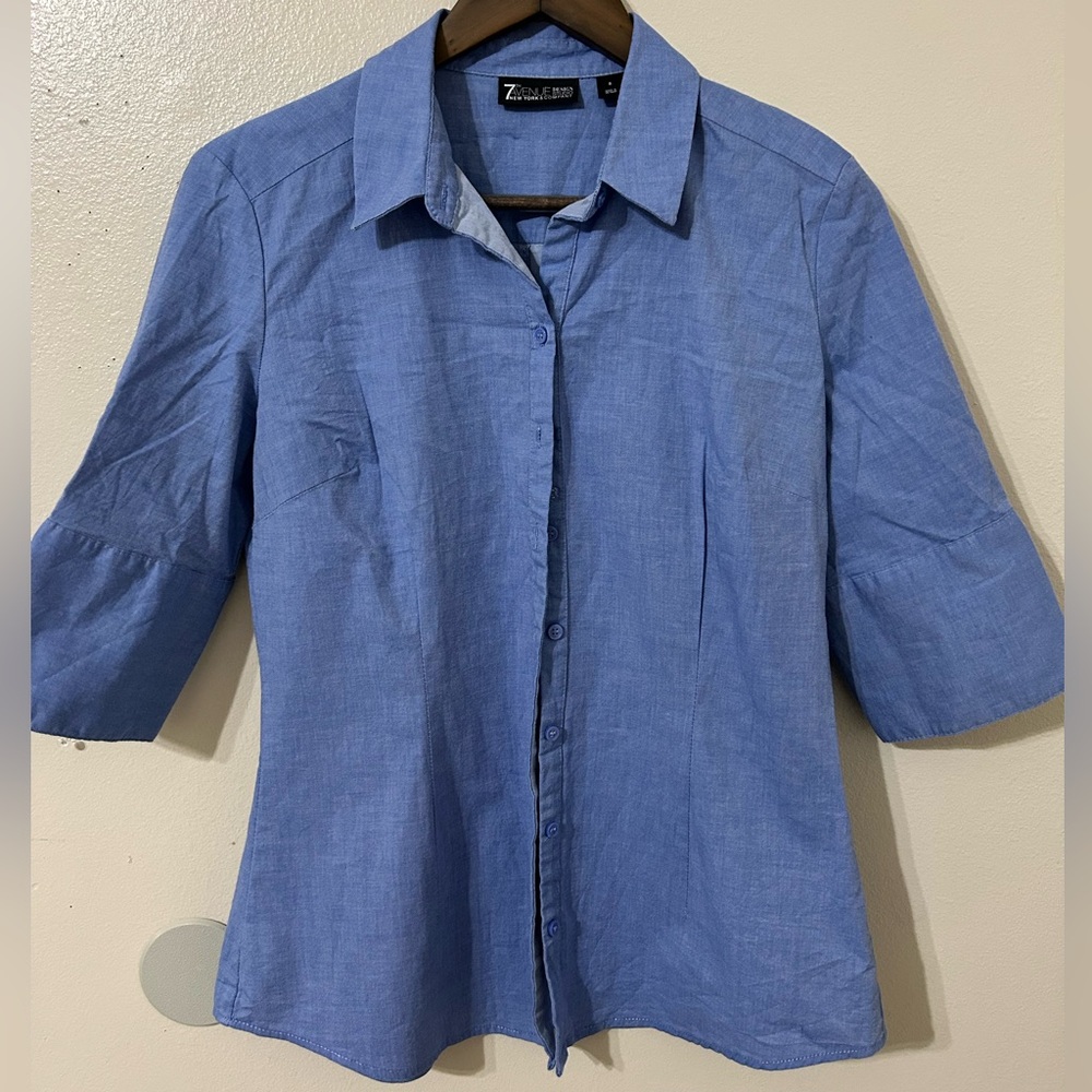 New York & Company Blue Button Down Shirt Classic Collar